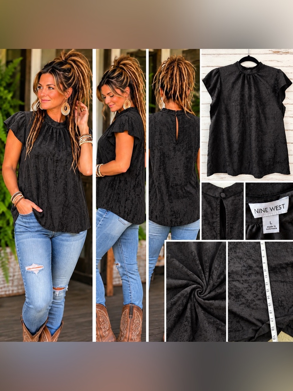 Nine West Black Flutter Sleeve Blouse